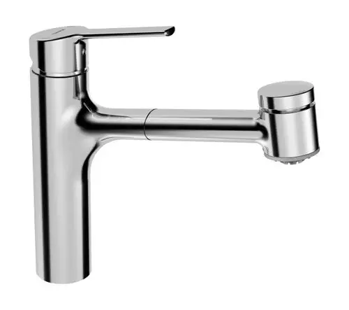 Einhebelmischer Küchenarmatur in Chrom, ausgestattet mit einem Niederdrucksystem und einer Ausladung. Hersteller ist HANSARONDA.